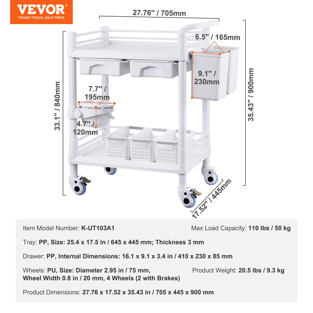 VEVOR 2 Tiers Lab Carts, Lab Utility Cart with 2 Trays, 2 Drawers & 4 Silent Wheels, Mobile Medical Cart with PP Material, Lab Rolling Cart with 3 Trash Cans for Lab, Clinic, Hospital, Salon, White