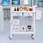 VEVOR 2 Tiers Lab Carts, Lab Utility Cart with 2 Trays, 2 Drawers & 4 Silent Wheels, Mobile Medical Cart with PP Material, Lab Rolling Cart with 3 Trash Cans for Lab, Clinic, Hospital, Salon, White