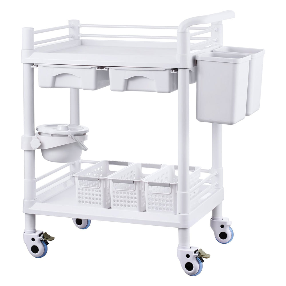VEVOR 2 Tiers Lab Carts, Lab Utility Cart with 2 Trays, 2 Drawers & 4 Silent Wheels, Mobile Medical Cart with PP Material, Lab Rolling Cart with 3 Trash Cans for Lab, Clinic, Hospital, Salon, White