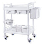 VEVOR 2 Tiers Lab Carts, Lab Utility Cart with 2 Trays, 2 Drawers & 4 Silent Wheels, Mobile Medical Cart with PP Material, Lab Rolling Cart with 3 Trash Cans for Lab, Clinic, Hospital, Salon, White