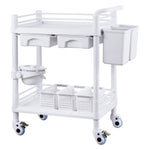 VEVOR 2 Tiers Lab Carts, Lab Utility Cart with 2 Trays, 2 Drawers & 4 Silent Wheels, Mobile Medical Cart with PP Material, Lab Rolling Cart with 3 Trash Cans for Lab, Clinic, Hospital, Salon, White