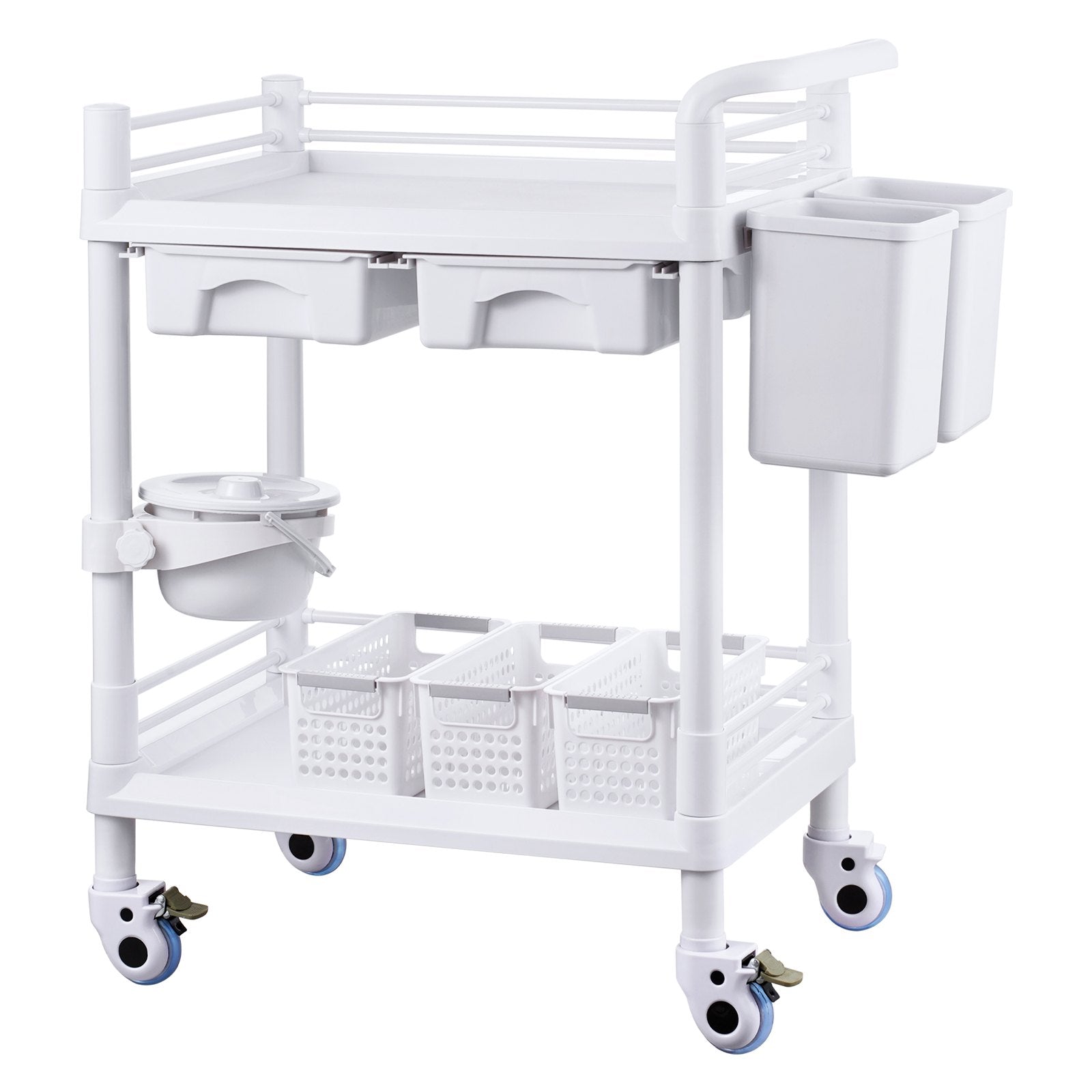 VEVOR 2 Tiers Lab Carts, Lab Utility Cart with 2 Trays, 2 Drawers & 4 Silent Wheels, Mobile Medical Cart with PP Material, Lab Rolling Cart with 3 Trash Cans for Lab, Clinic, Hospital, Salon, White