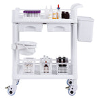 VEVOR 2 Tiers Lab Carts, Lab Utility Cart with 2 Trays, 2 Drawers & 4 Silent Wheels, Mobile Medical Cart with PP Material, Lab Rolling Cart with 3 Trash Cans for Lab, Clinic, Hospital, Salon, White