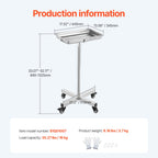VEVOR Mayo Stand, Stainless Steel Mayo Tray, Load Capacity up to 35 lbs, Adjustable Height 25.2"-39.8", Medical Tray on Wheels with Removable Tray for Spa, Salon, Clinic, Personal Care