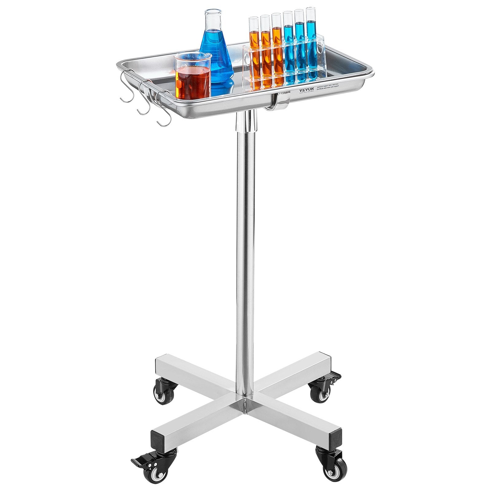 VEVOR Mayo Stand, Stainless Steel Mayo Tray, Load Capacity up to 35 lbs, Adjustable Height 25.2"-39.8", Medical Tray on Wheels with Removable Tray for Spa, Salon, Clinic, Personal Care