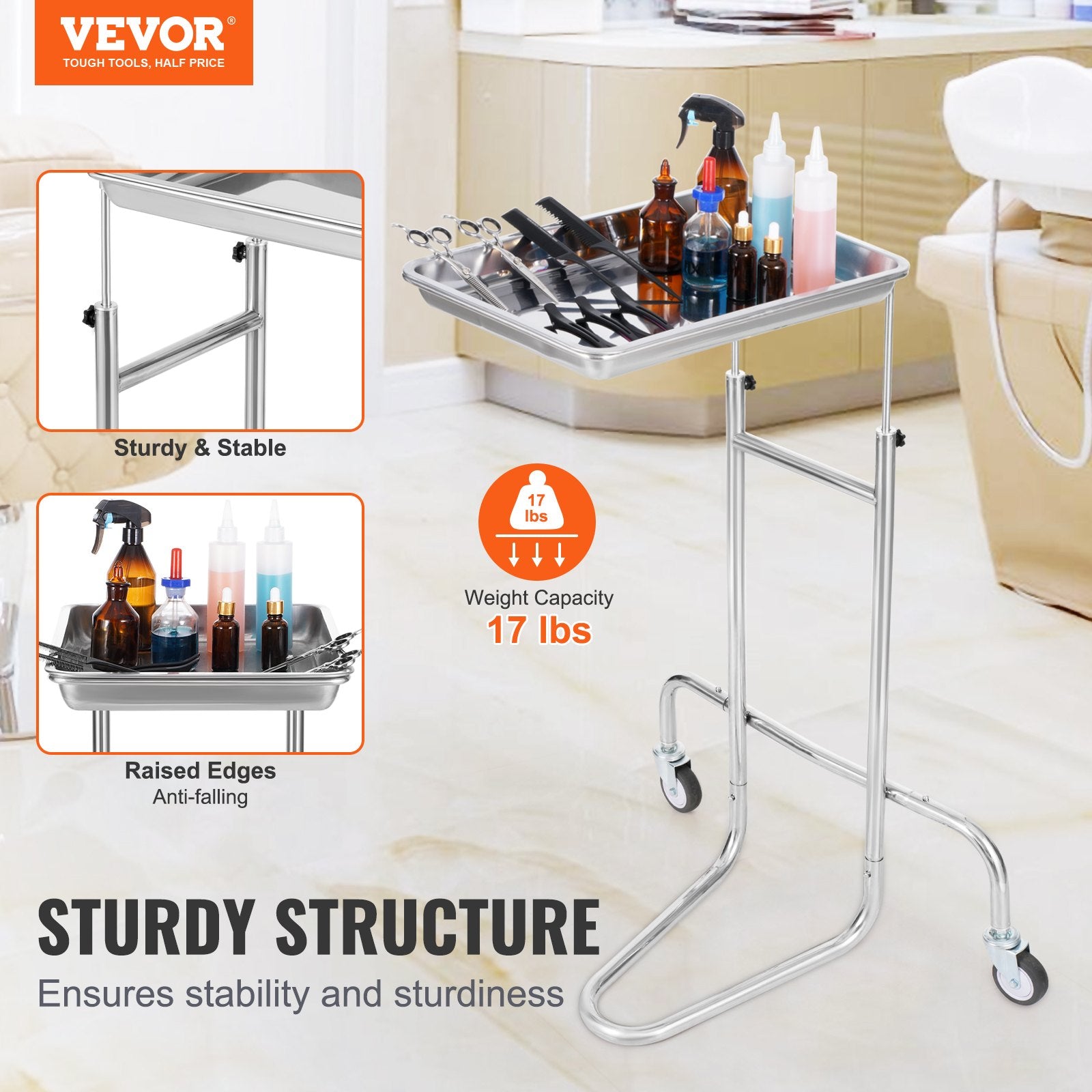 VEVOR Stainless Steel Lab Carts, Lab Utility Cart with Single Tray, Mobile Medical Cart with 2 Silent Wheels, Lab Rolling Cart for Lab, Clinic, Hospital, Salon