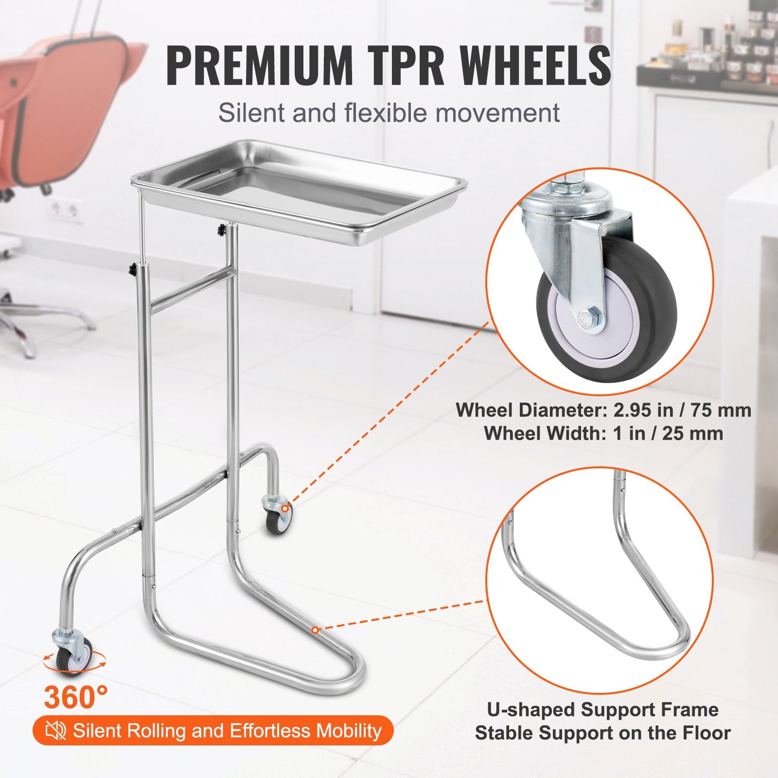 VEVOR Stainless Steel Lab Carts, Lab Utility Cart with Single Tray, Mobile Medical Cart with 2 Silent Wheels, Lab Rolling Cart for Lab, Clinic, Hospital, Salon