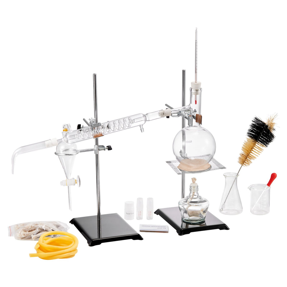 VEVOR Essential Oil Distillation Kit, 500ml Distillation Apparatus, 3.3 Boro Lab Glassware Distillation Kit with Alcohol Lamp, Ceramic Mesh and 24, 40 Joint, 28 pcs Set