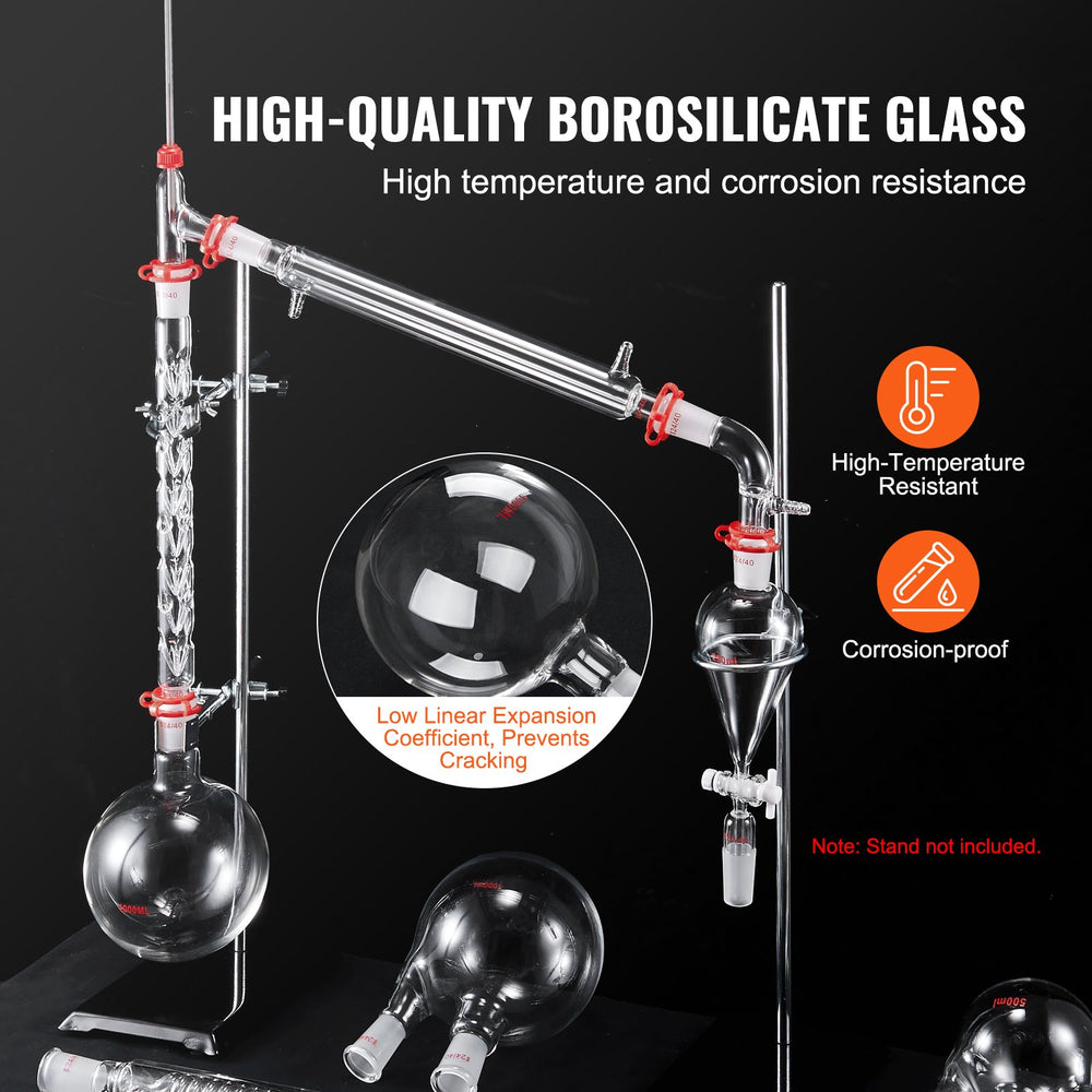 VEVOR Lab Distillation Kit, 3.3 Boro Lab Glassware Distillation Kit with 24, 40 Joint, 1000ml Essential Oil Distillation Apparatus Kit, 32 pcs Set of Glassware Equipment