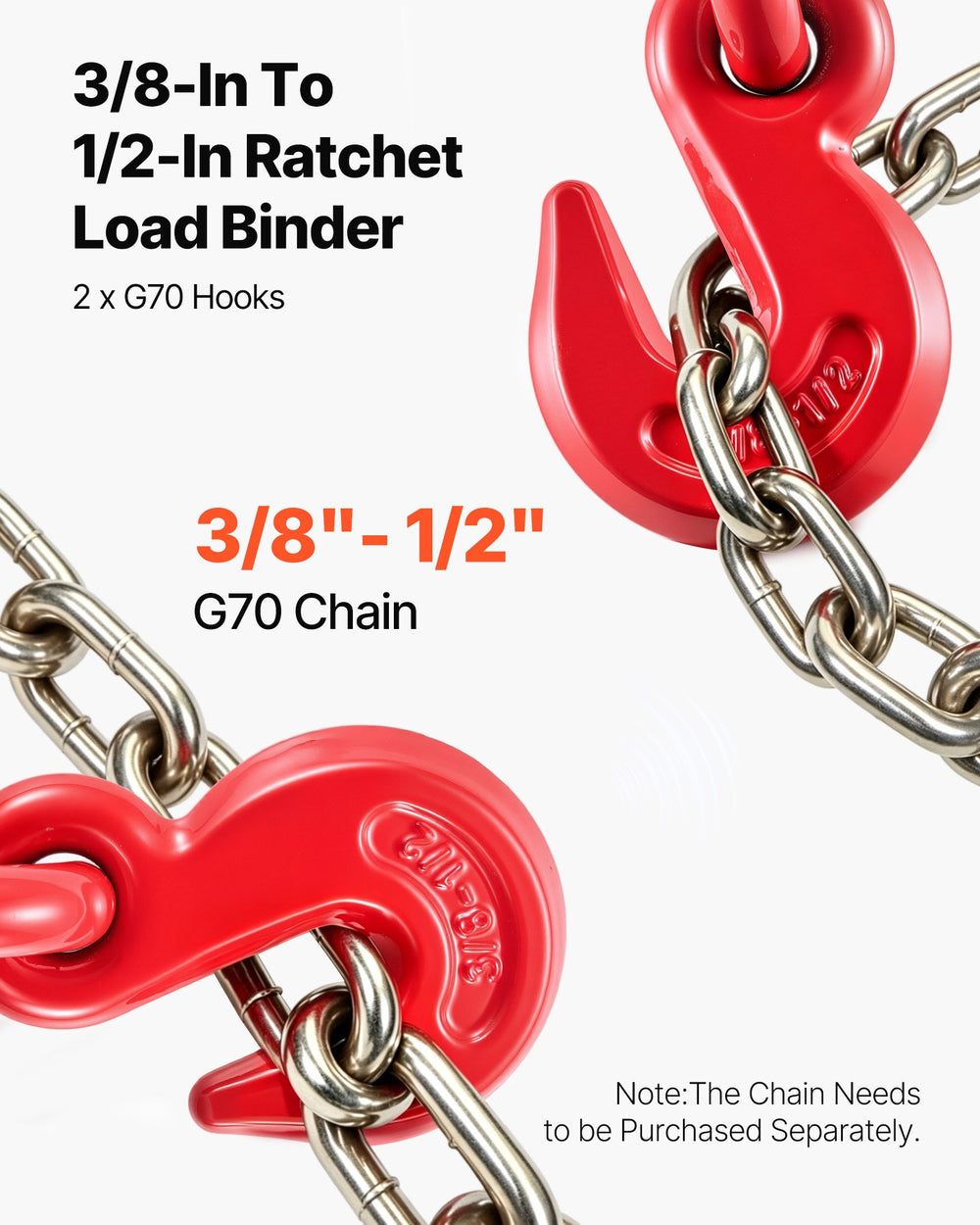 VEVOR 9215LBS 3/8" – 1/2" Ratchet Binders 9,215 LBS Secure Working Load, G70 Hooks and Adjustable Length, for Grade 70-80 Chains, Tie Down, Hauling, Towing, 2-Pack, Red
