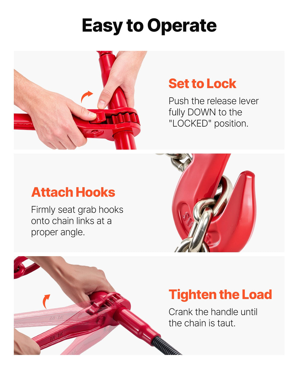 VEVOR 9215LBS 3/8" – 1/2" Ratchet Binders 9,215 LBS Secure Working Load, G70 Hooks and Adjustable Length, for Grade 70-80 Chains, Tie Down, Hauling, Towing, 2-Pack, Red