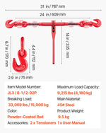 VEVOR 9215LBS 3/8" – 1/2" Ratchet Binders 9,215 LBS Secure Working Load, G70 Hooks and Adjustable Length, for Grade 70-80 Chains, Tie Down, Hauling, Towing, 2-Pack, Red