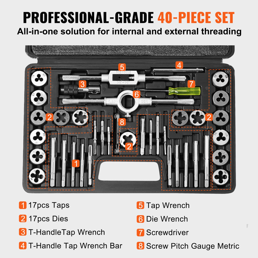 VEVOR Tap and Die Set, 40-Piece Include Metric Size M3 to M12, Bearing Steel Taps and Dies, Essential Threading Tool for Cutting External Internal Threads, with Complete Accessories and Storage Case