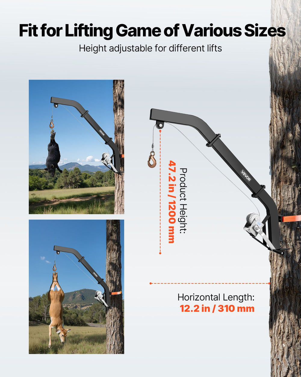 VEVOR Tree Mounted Deer Hoist, 353 lbs Load Capacity, Hunting Game Hoist Winch Lift with Ratchet Strap, Heavy Duty Deer Hanger for Skinning, Cleaning, Hanging Feed, and Field Dressing, Black