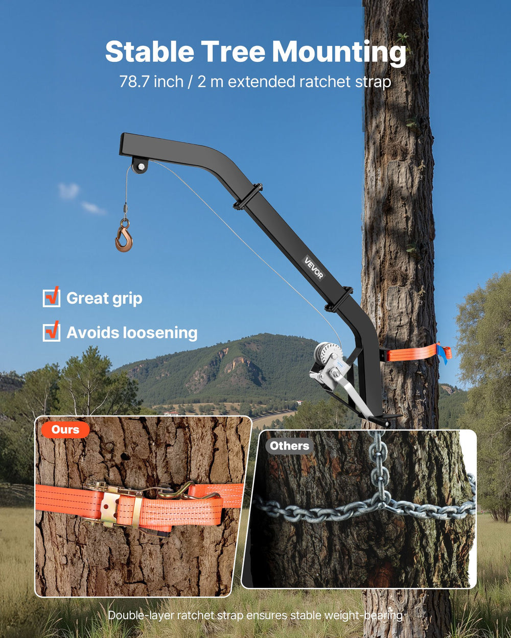 VEVOR Tree Mounted Deer Hoist, 353 lbs Load Capacity, Hunting Game Hoist Winch Lift with Ratchet Strap, Heavy Duty Deer Hanger for Skinning, Cleaning, Hanging Feed, and Field Dressing, Black