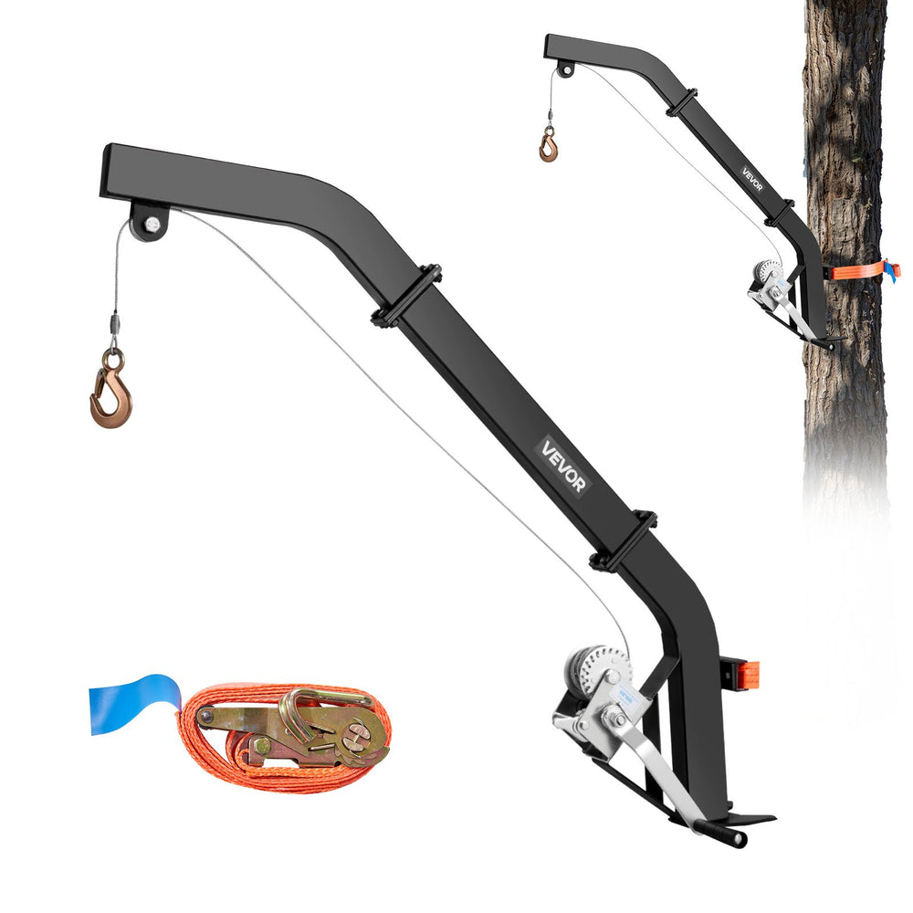 VEVOR Tree Mounted Deer Hoist, 353 lbs Load Capacity, Hunting Game Hoist Winch Lift with Ratchet Strap, Heavy Duty Deer Hanger for Skinning, Cleaning, Hanging Feed, and Field Dressing, Black