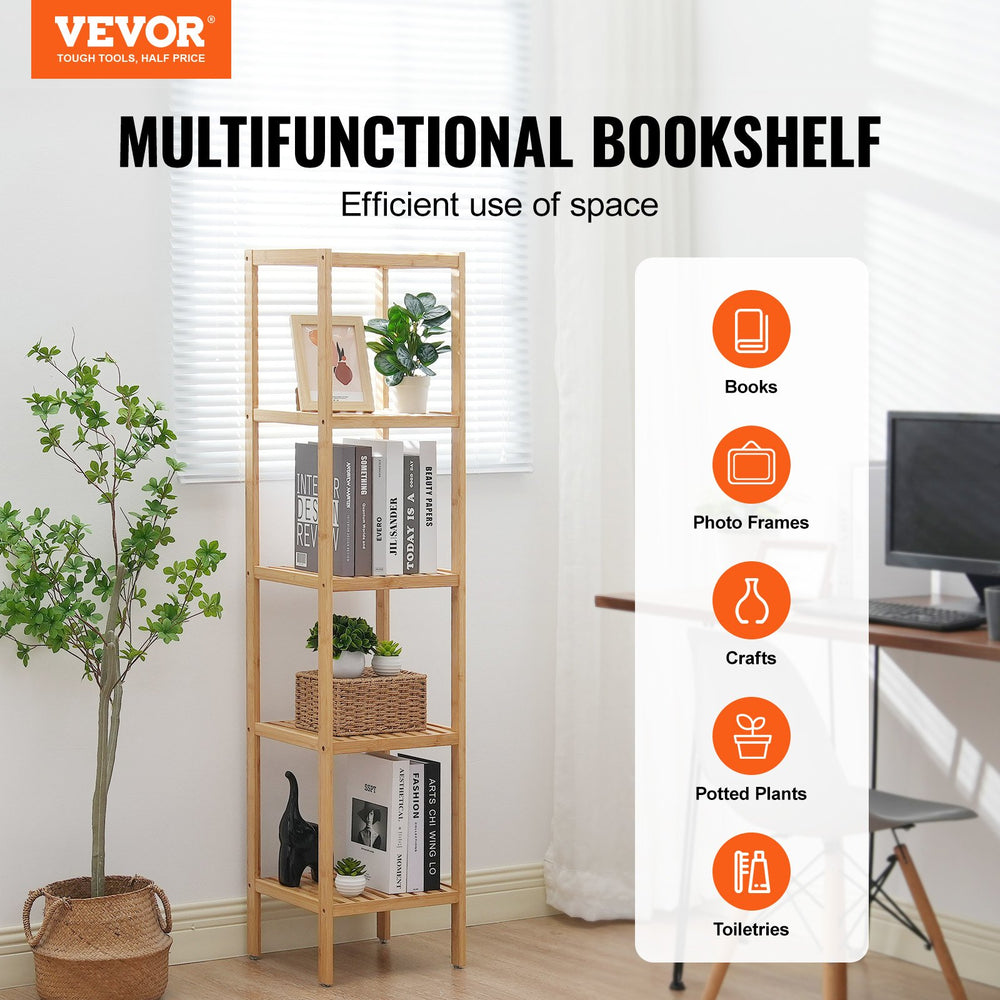 VEVOR 5-Tier Bathroom Standing Shelf, Narrow Shelving Unit, Display Storage Rack Organizer, Freestanding Flower Plant Stand, Multifunctional Bamboo Shelf Ideal for BathRoom, Kitchen, Home, Natural