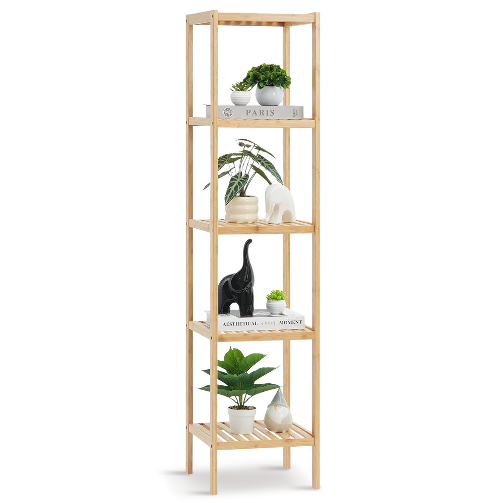VEVOR 5-Tier Bathroom Standing Shelf, Narrow Shelving Unit, Display Storage Rack Organizer, Freestanding Flower Plant Stand, Multifunctional Bamboo Shelf Ideal for BathRoom, Kitchen, Home, Natural