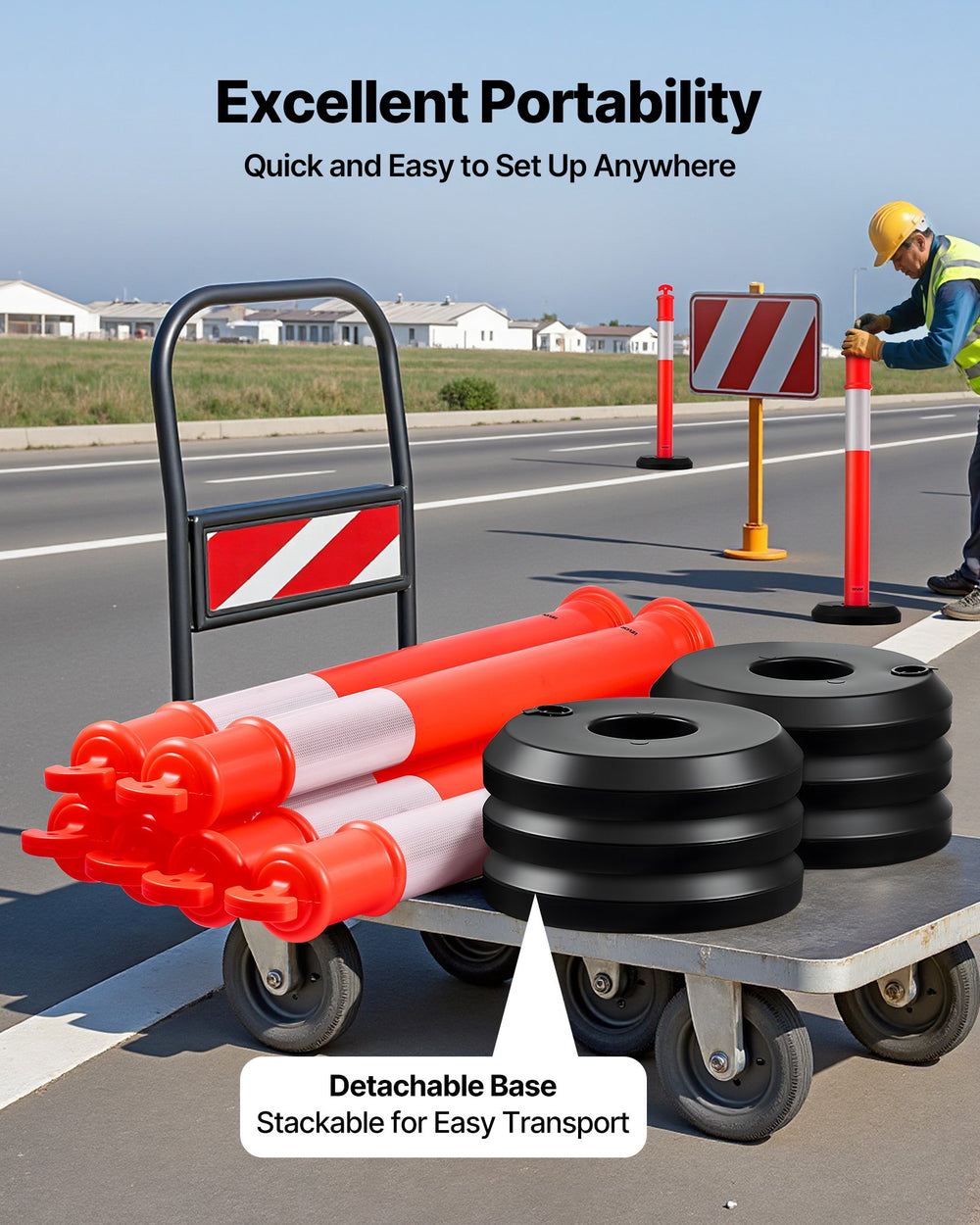 VEVOR 3 Pack Traffic Delineator Posts, 1140 mm Traffic Safety Cones with Fillable Base and Reflective Strips, Heavy Duty Delineator Posts for Construction Site, Parking Lot, Crowd Control, Red