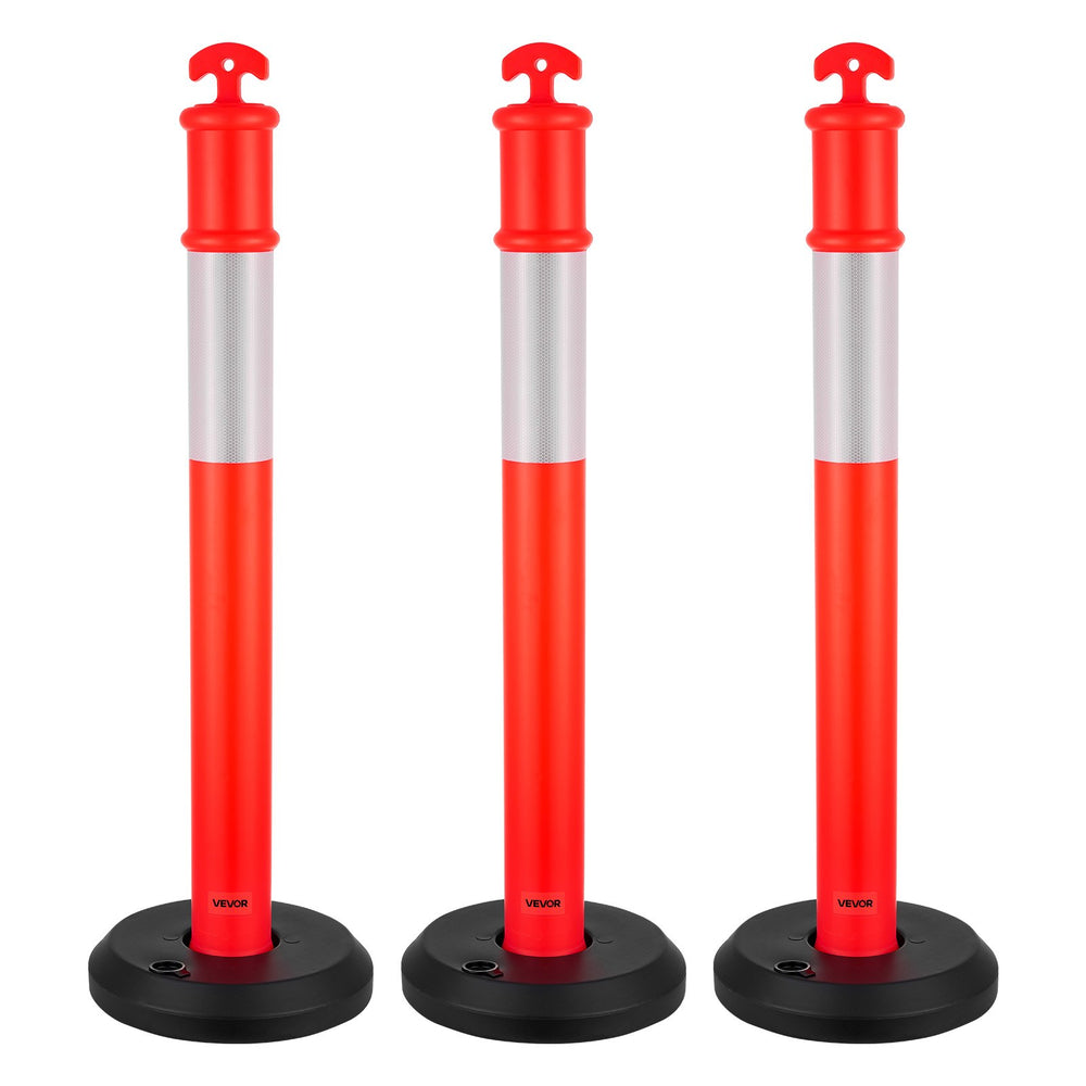 VEVOR 3 Pack Traffic Delineator Posts, 1140 mm Traffic Safety Cones with Fillable Base and Reflective Strips, Heavy Duty Delineator Posts for Construction Site, Parking Lot, Crowd Control, Red
