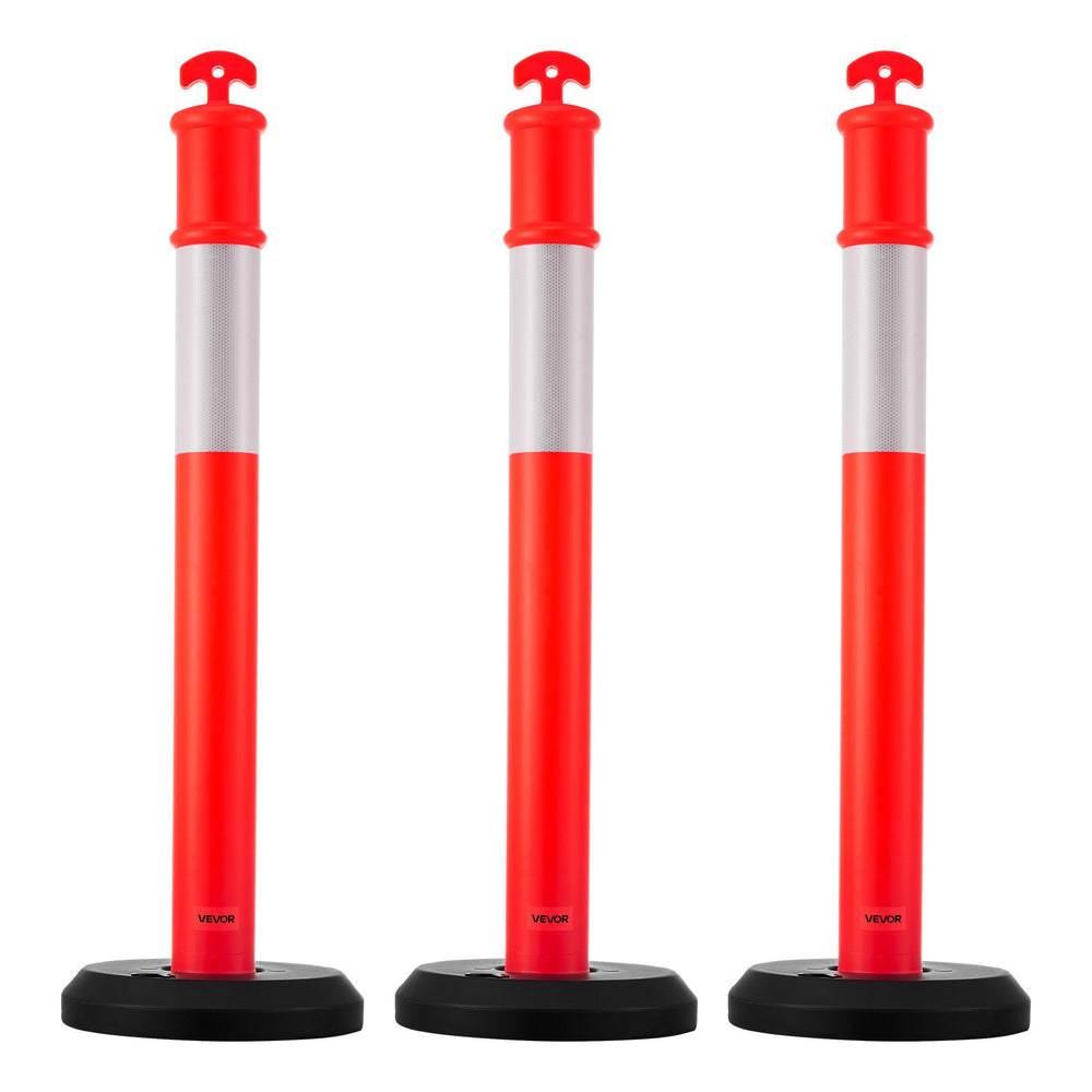 VEVOR 3 Pack Traffic Delineator Posts, 1140 mm Traffic Safety Cones with Fillable Base and Reflective Strips, Heavy Duty Delineator Posts for Construction Site, Parking Lot, Crowd Control, Red