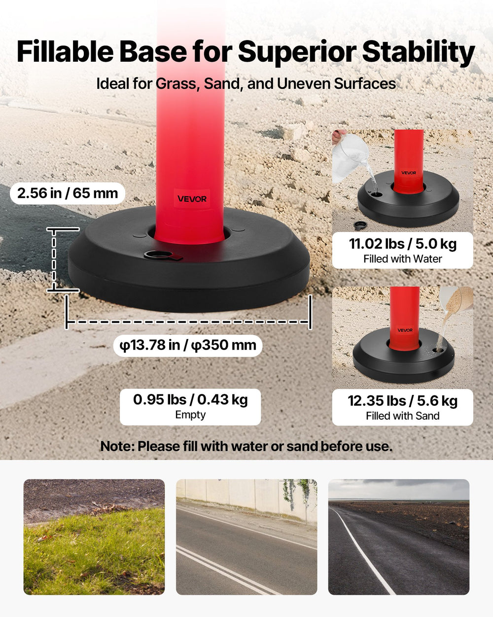 VEVOR 6 Pack Traffic Delineator Posts, 1140 mm Traffic Safety Cones with Fillable Base and Reflective Strips, Heavy Duty Delineator Posts for Construction Site, Parking Lot, Crowd Control, Red