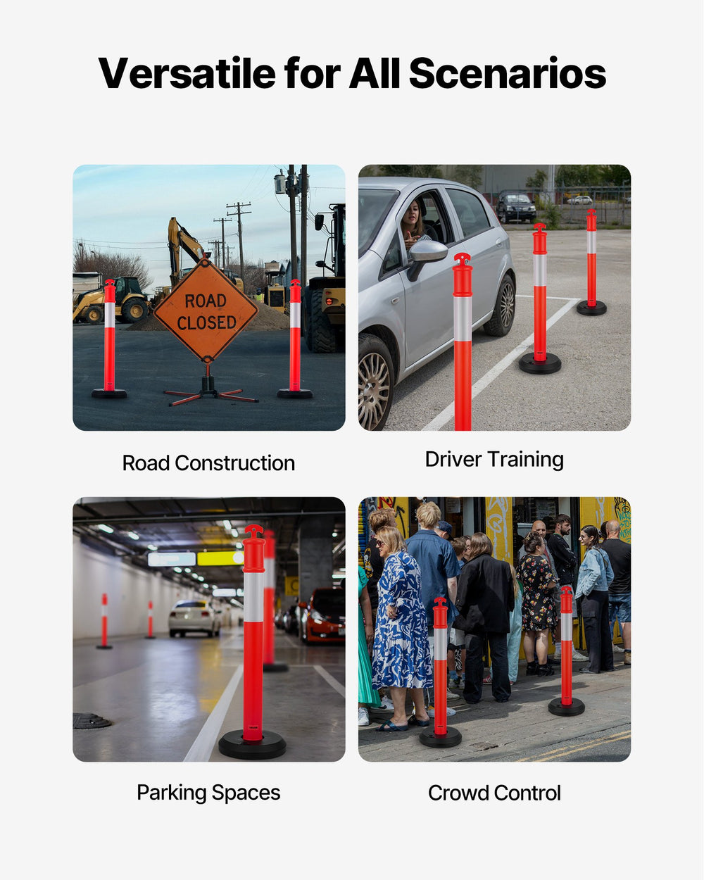 VEVOR 9 Pack Traffic Delineator Posts, 1140 mm Traffic Safety Cones with Fillable Base and Reflective Strips, Heavy Duty Delineator Posts for Construction Site, Parking Lot, Crowd Control, Red
