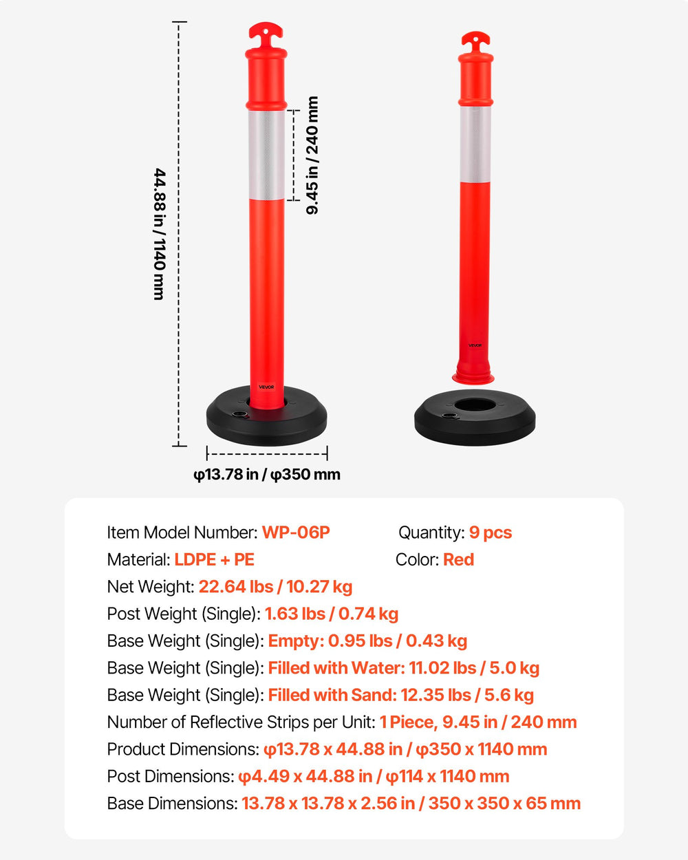 VEVOR 9 Pack Traffic Delineator Posts, 1140 mm Traffic Safety Cones with Fillable Base and Reflective Strips, Heavy Duty Delineator Posts for Construction Site, Parking Lot, Crowd Control, Red