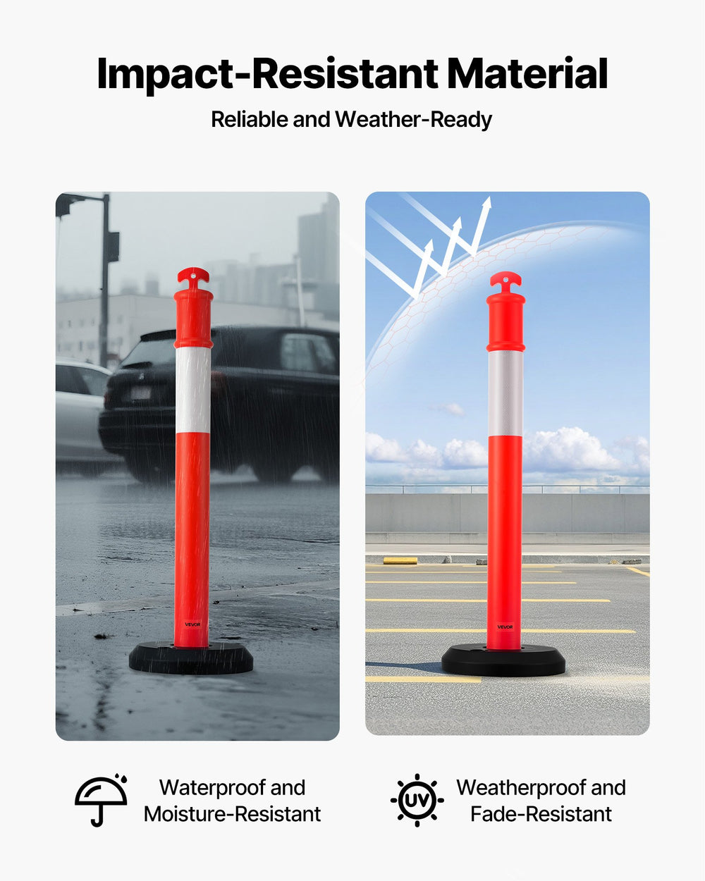 VEVOR 2 Pack Traffic Delineator Posts, 1140 mm Traffic Safety Cones with Fillable Base and Reflective Strips, Heavy Duty Delineator Posts for Construction Site, Parking Lot, Crowd Control, Red