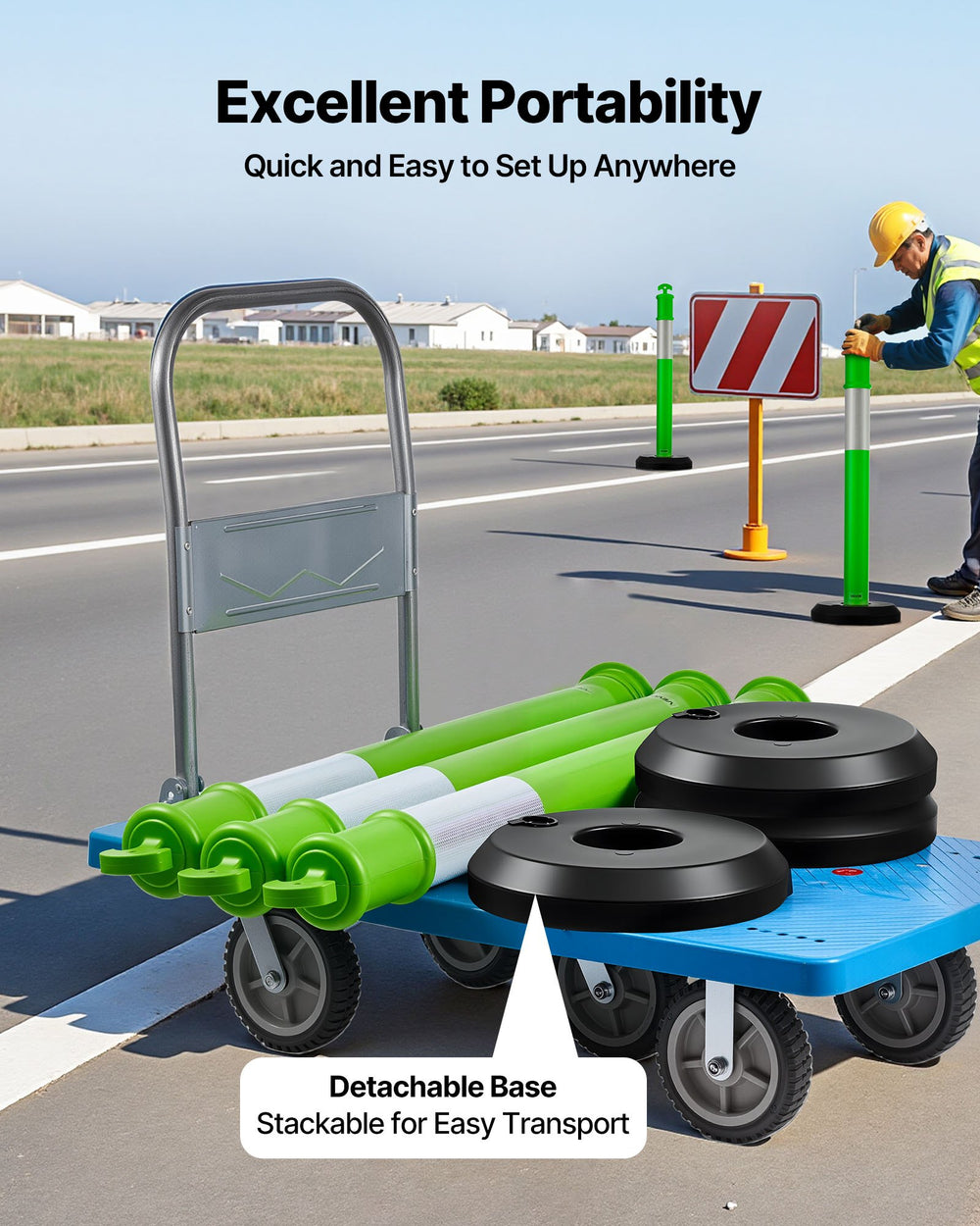 VEVOR 3 Pack Traffic Delineator Posts, 1140 mm Traffic Safety Cones with Fillable Base and Reflective Strips, Heavy Duty Delineator Posts for Construction Site, Parking Lot, Crowd Control, Green