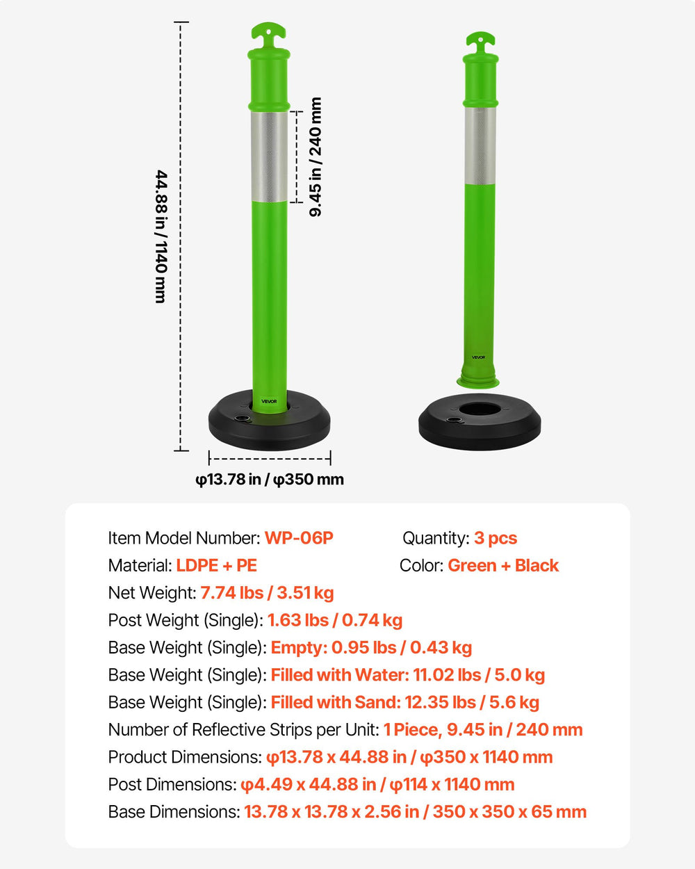 VEVOR 3 Pack Traffic Delineator Posts, 1140 mm Traffic Safety Cones with Fillable Base and Reflective Strips, Heavy Duty Delineator Posts for Construction Site, Parking Lot, Crowd Control, Green
