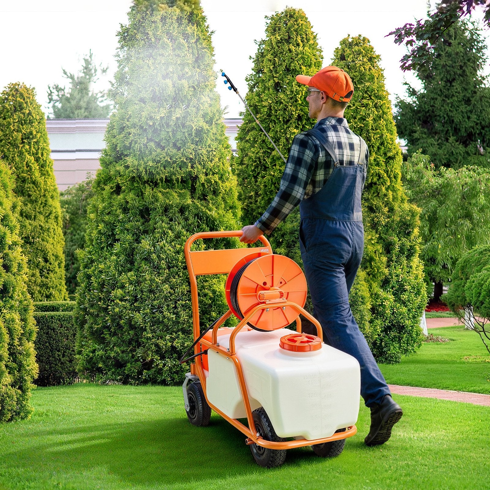VEVOR Lawn Sprayer with Wheels, Adjustable Pressure 0-90 PSI, Sprayer with 60L Tank, with 8 Nozzles, 2 Wands, Wide Opening Lid for Garden, Weeding, Spraying