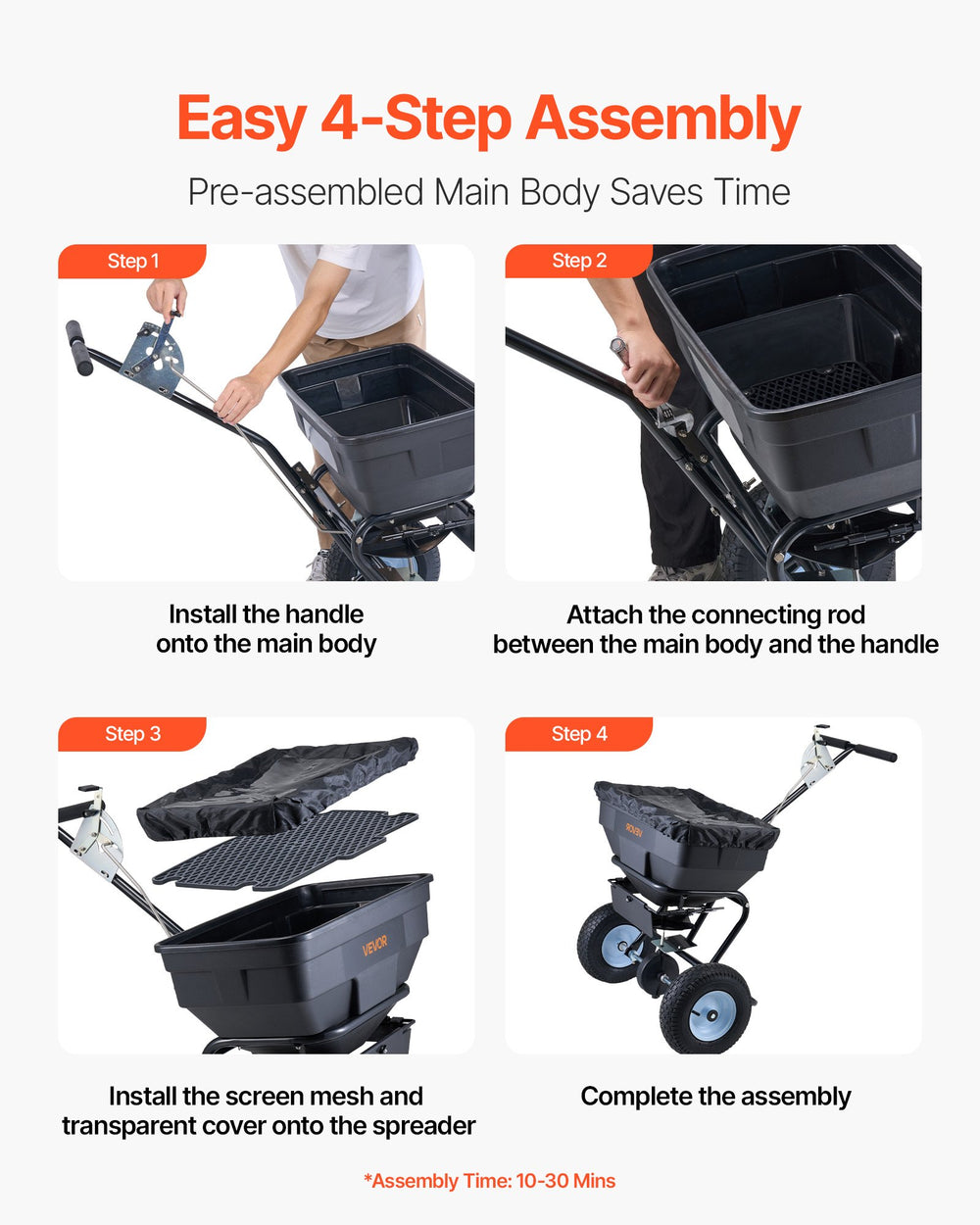 VEVOR Lawn Spreader, 100LBS Capacity, Walk-Behind Push Spreader, 0-9.8ft Spreading Width, 13 in All Terrain Pneumatic Tires, Fertilizer Spreaders with Hopper Grate, for Seed Salt Ice Melt