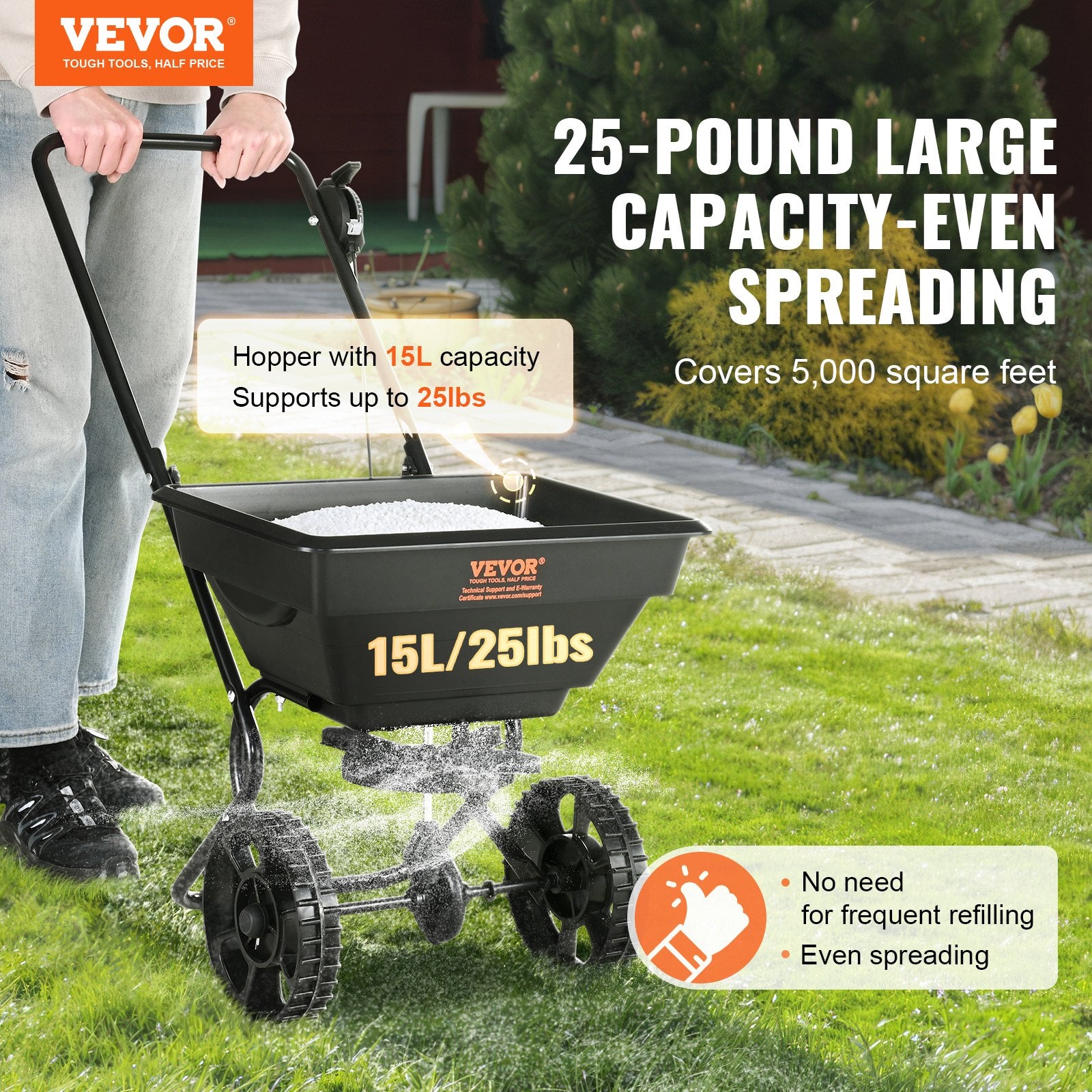 VEVOR Broadcast Spreader, 11.3 kg Walk-Behind Turf Spreader with 20.3 cm Wheels, Steel Push Fertilizer Spreader, Garden Seeder, and Salt Spreader, Designed for Residential, Farm, and Tough Terrain, Black