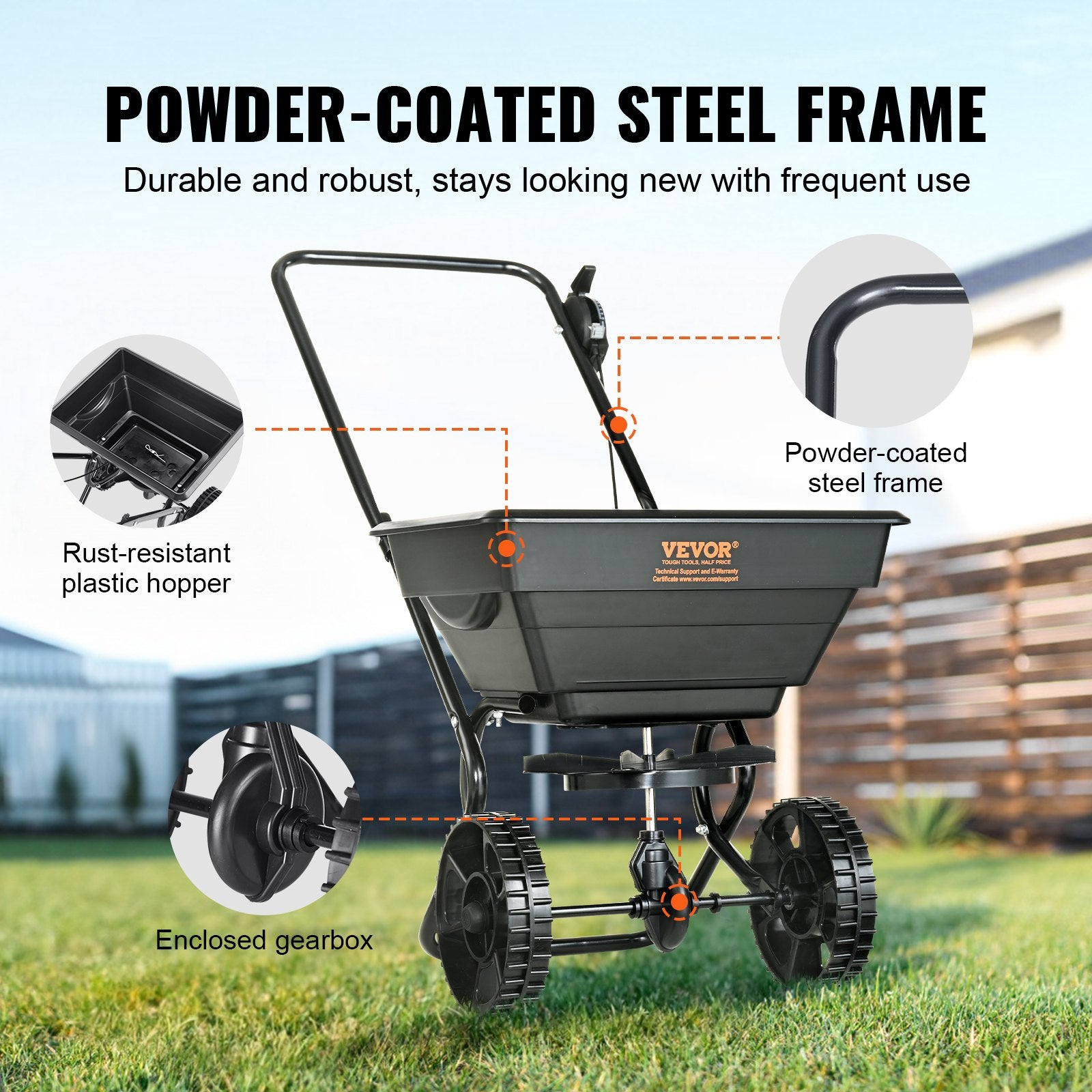 VEVOR Broadcast Spreader, 11.3 kg Walk-Behind Turf Spreader with 20.3 cm Wheels, Steel Push Fertilizer Spreader, Garden Seeder, and Salt Spreader, Designed for Residential, Farm, and Tough Terrain, Black