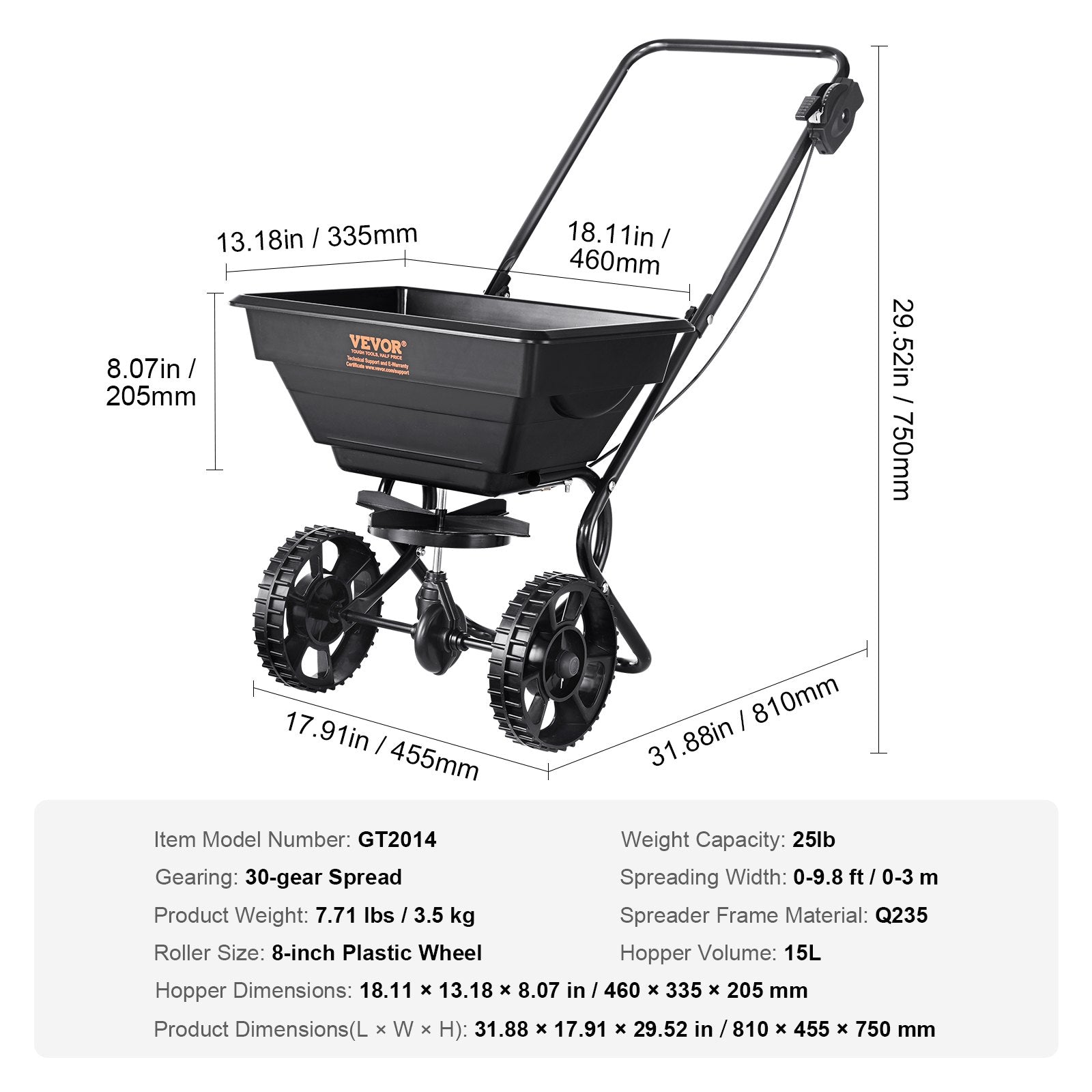 VEVOR Broadcast Spreader, 11.3 kg Walk-Behind Turf Spreader with 20.3 cm Wheels, Steel Push Fertilizer Spreader, Garden Seeder, and Salt Spreader, Designed for Residential, Farm, and Tough Terrain, Black