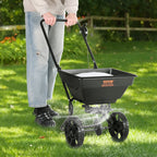 VEVOR Broadcast Spreader, 11.3 kg Walk-Behind Turf Spreader with 20.3 cm Wheels, Steel Push Fertilizer Spreader, Garden Seeder, and Salt Spreader, Designed for Residential, Farm, and Tough Terrain, Black