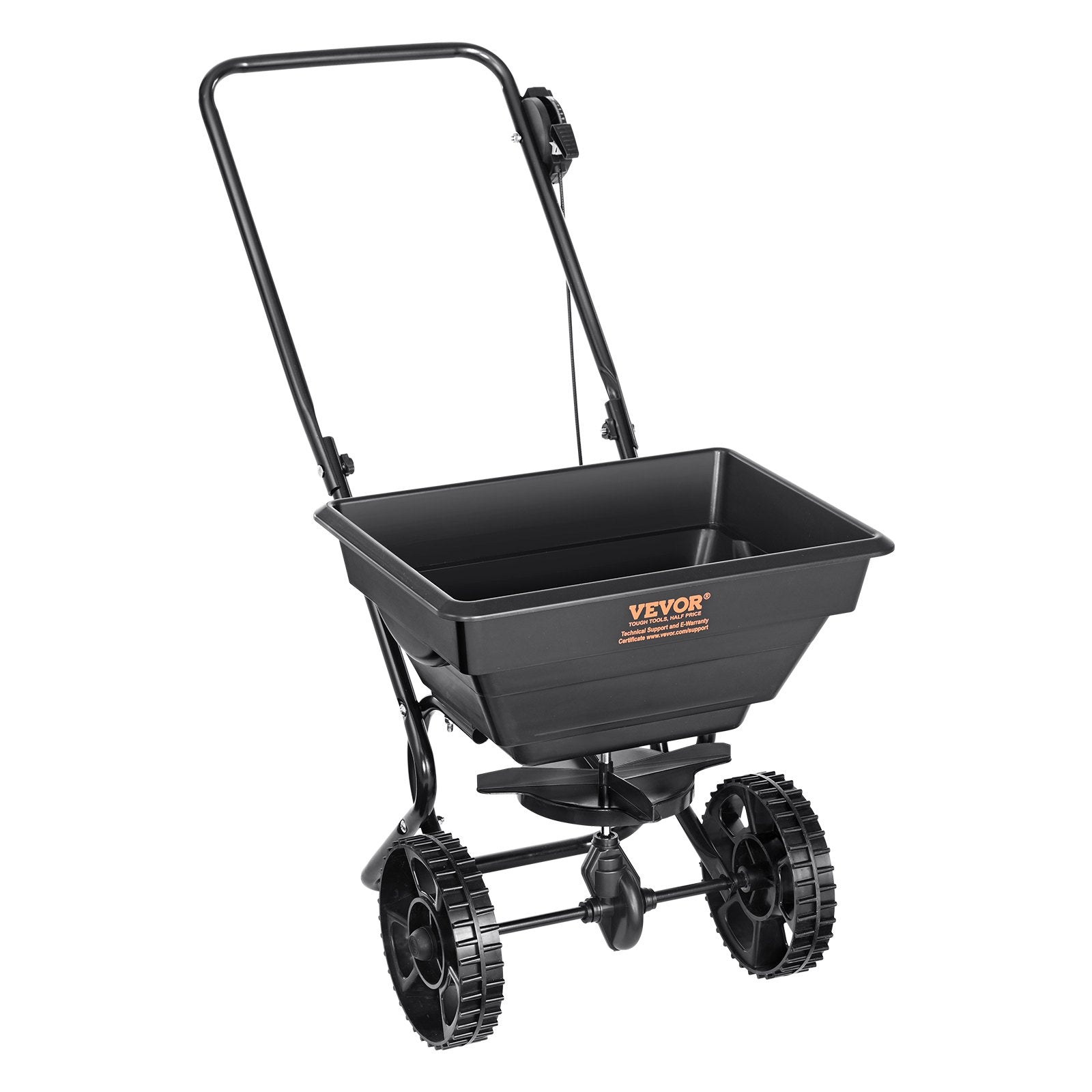 VEVOR Broadcast Spreader, 11.3 kg Walk-Behind Turf Spreader with 20.3 cm Wheels, Steel Push Fertilizer Spreader, Garden Seeder, and Salt Spreader, Designed for Residential, Farm, and Tough Terrain, Black