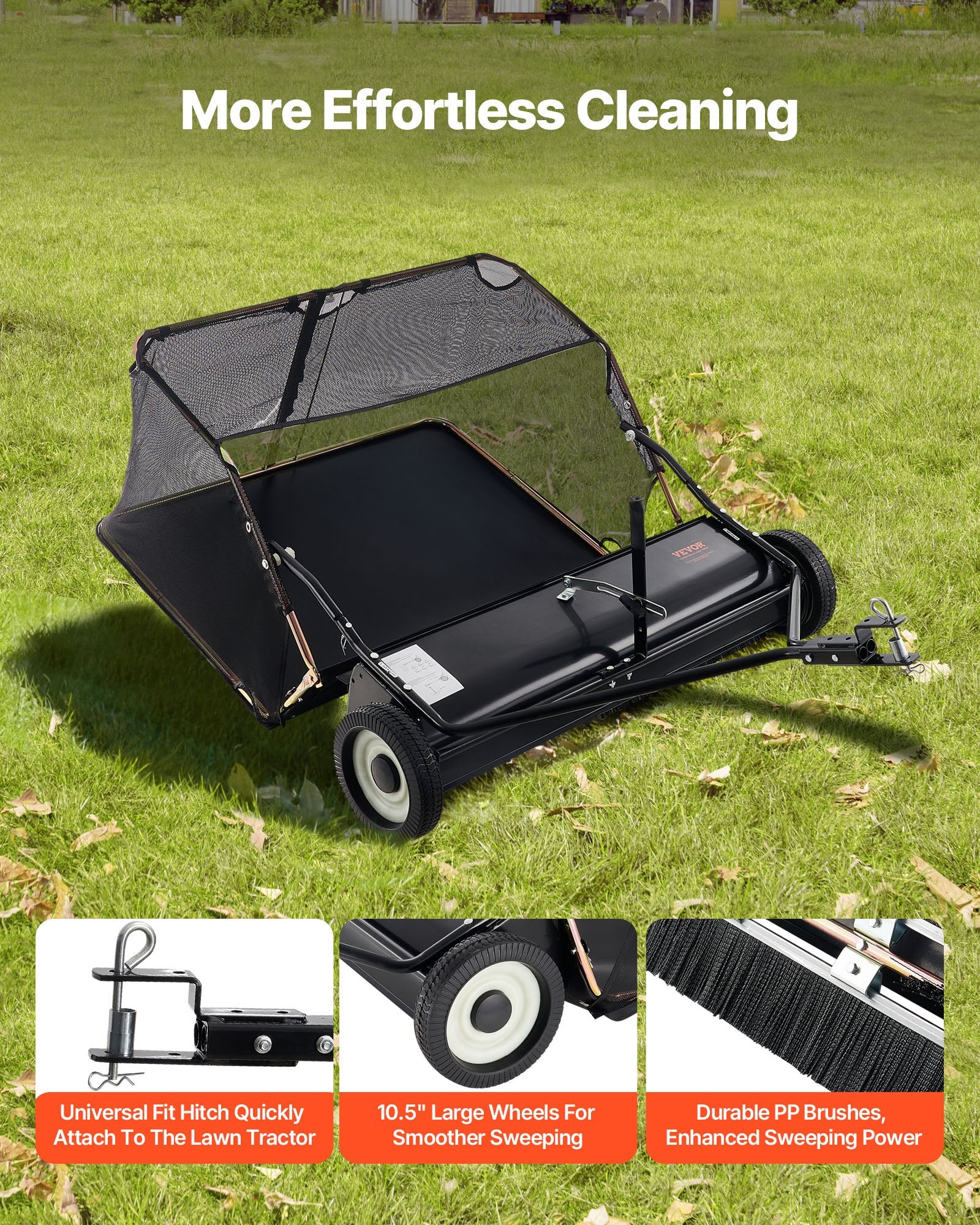 VEVOR 26.7 cm Tow Behind Lawn Sweeper, 26 cu.ft. Large Yard Sweeper, Adjustable Sweeping Height, Heavy Duty Leaf & Grass Collector with Dumping Rope, Pull Behind Sweepers for Debris Grass Clippings