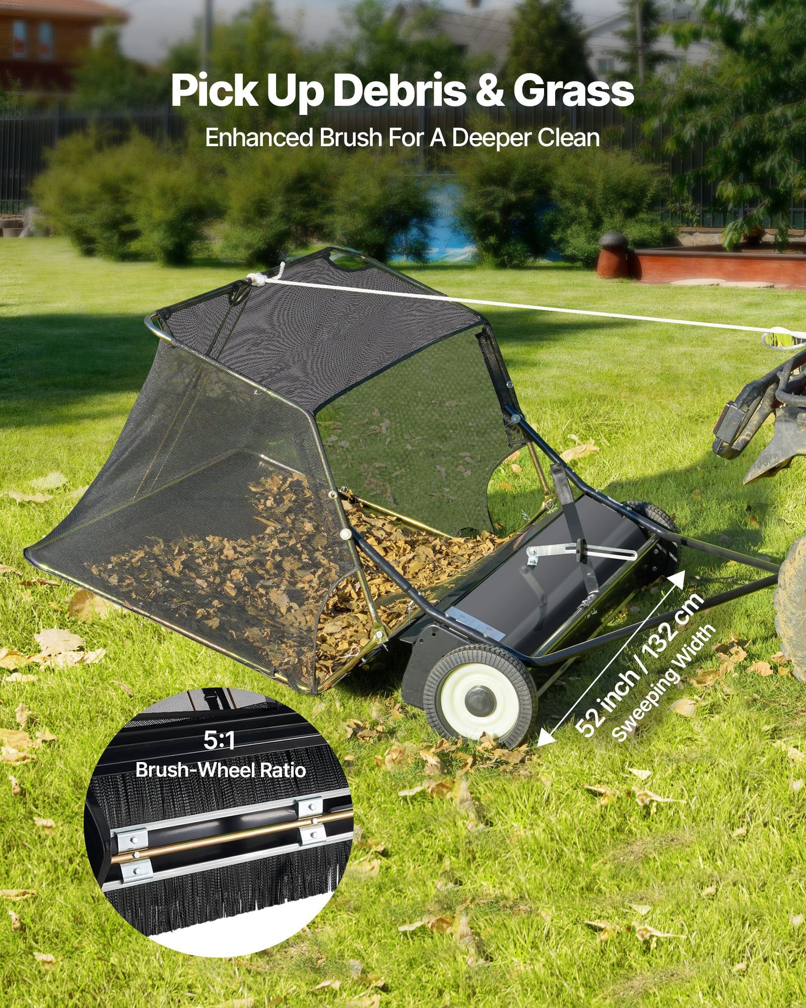 VEVOR 26.7 cm Tow Behind Lawn Sweeper, 26 cu.ft. Large Yard Sweeper, Adjustable Sweeping Height, Heavy Duty Leaf & Grass Collector with Dumping Rope, Pull Behind Sweepers for Debris Grass Clippings