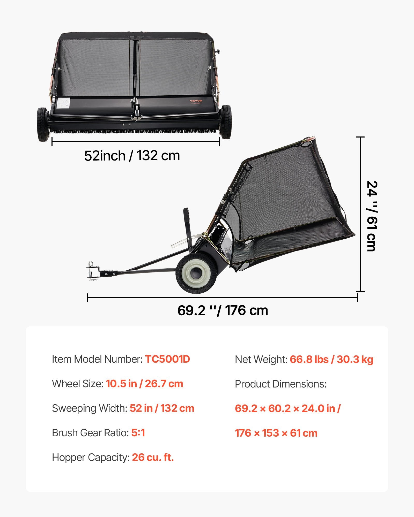 VEVOR 26.7 cm Tow Behind Lawn Sweeper, 26 cu.ft. Large Yard Sweeper, Adjustable Sweeping Height, Heavy Duty Leaf & Grass Collector with Dumping Rope, Pull Behind Sweepers for Debris Grass Clippings