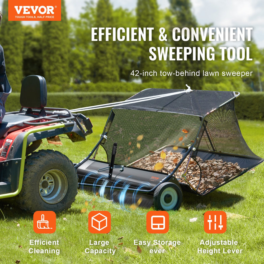 VEVOR 42-inch Lawn Sweeper Tow Behind, 12 cu.ft. Large Pull Behind Grass Sweeper, Heavy Duty Leaf & Grass Collector with Dumping Rope Design, Adjustable Sweeping Height for Picking Up Debris & Grass