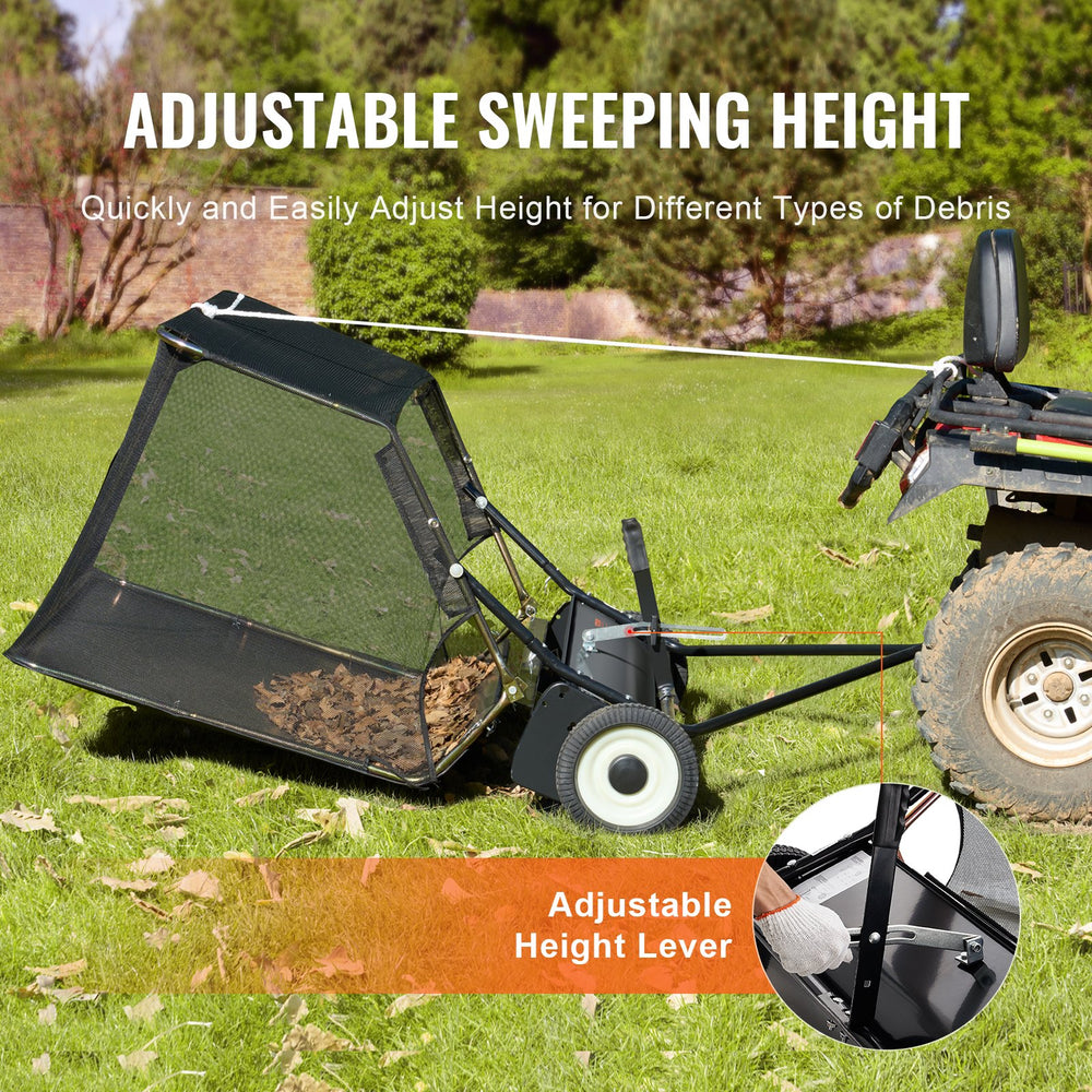 VEVOR 42-inch Lawn Sweeper Tow Behind, 12 cu.ft. Large Pull Behind Grass Sweeper, Heavy Duty Leaf & Grass Collector with Dumping Rope Design, Adjustable Sweeping Height for Picking Up Debris & Grass