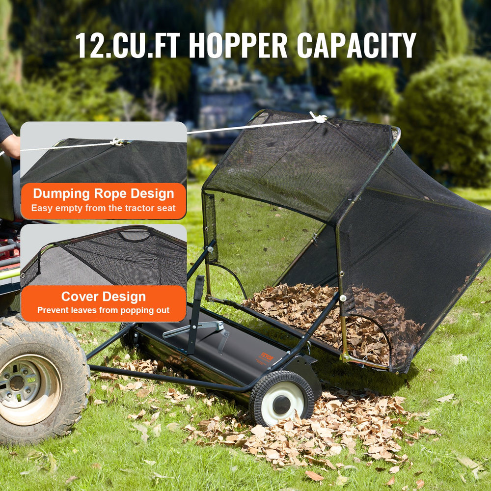 VEVOR 42-inch Lawn Sweeper Tow Behind, 12 cu.ft. Large Pull Behind Grass Sweeper, Heavy Duty Leaf & Grass Collector with Dumping Rope Design, Adjustable Sweeping Height for Picking Up Debris & Grass