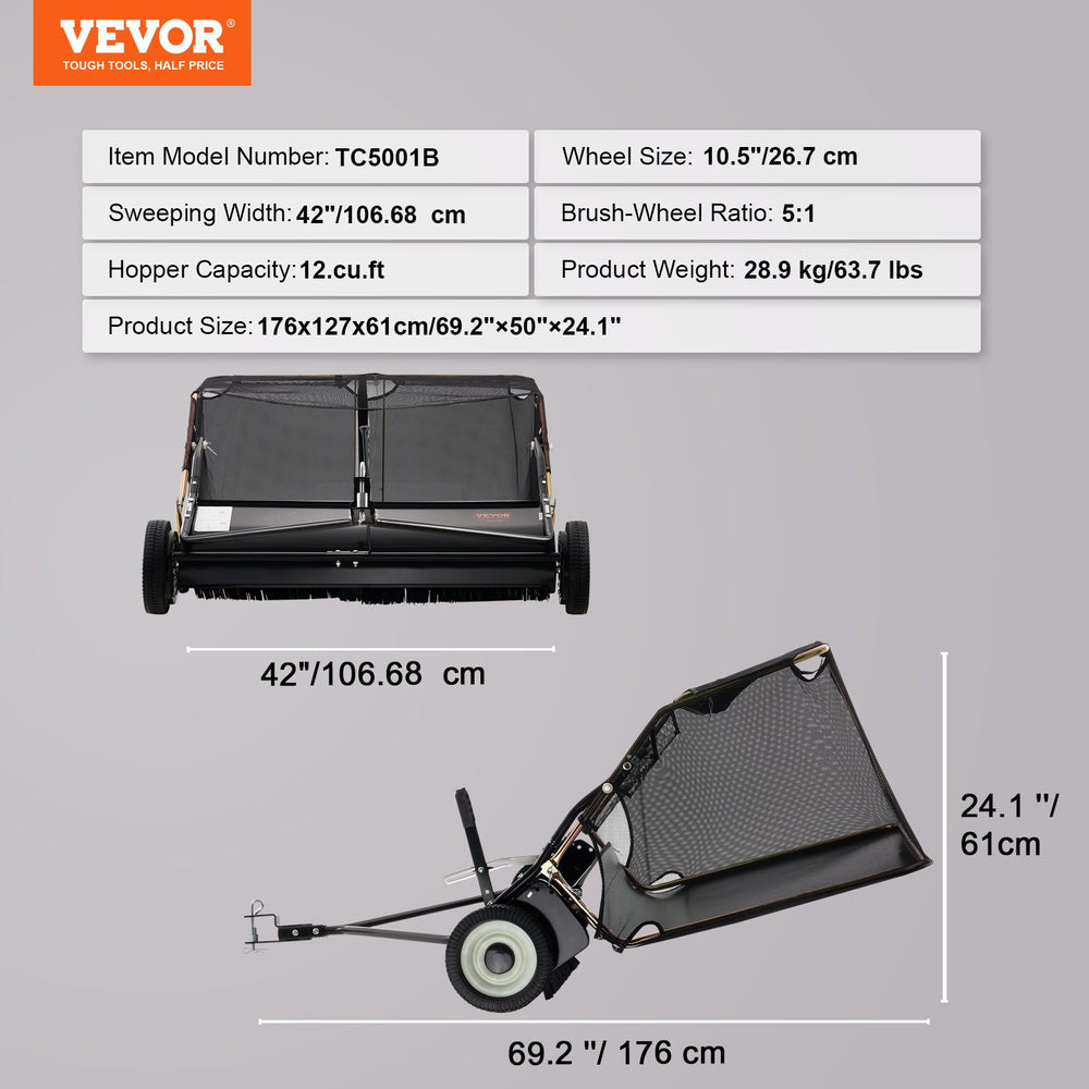 VEVOR 42-inch Lawn Sweeper Tow Behind, 12 cu.ft. Large Pull Behind Grass Sweeper, Heavy Duty Leaf & Grass Collector with Dumping Rope Design, Adjustable Sweeping Height for Picking Up Debris & Grass