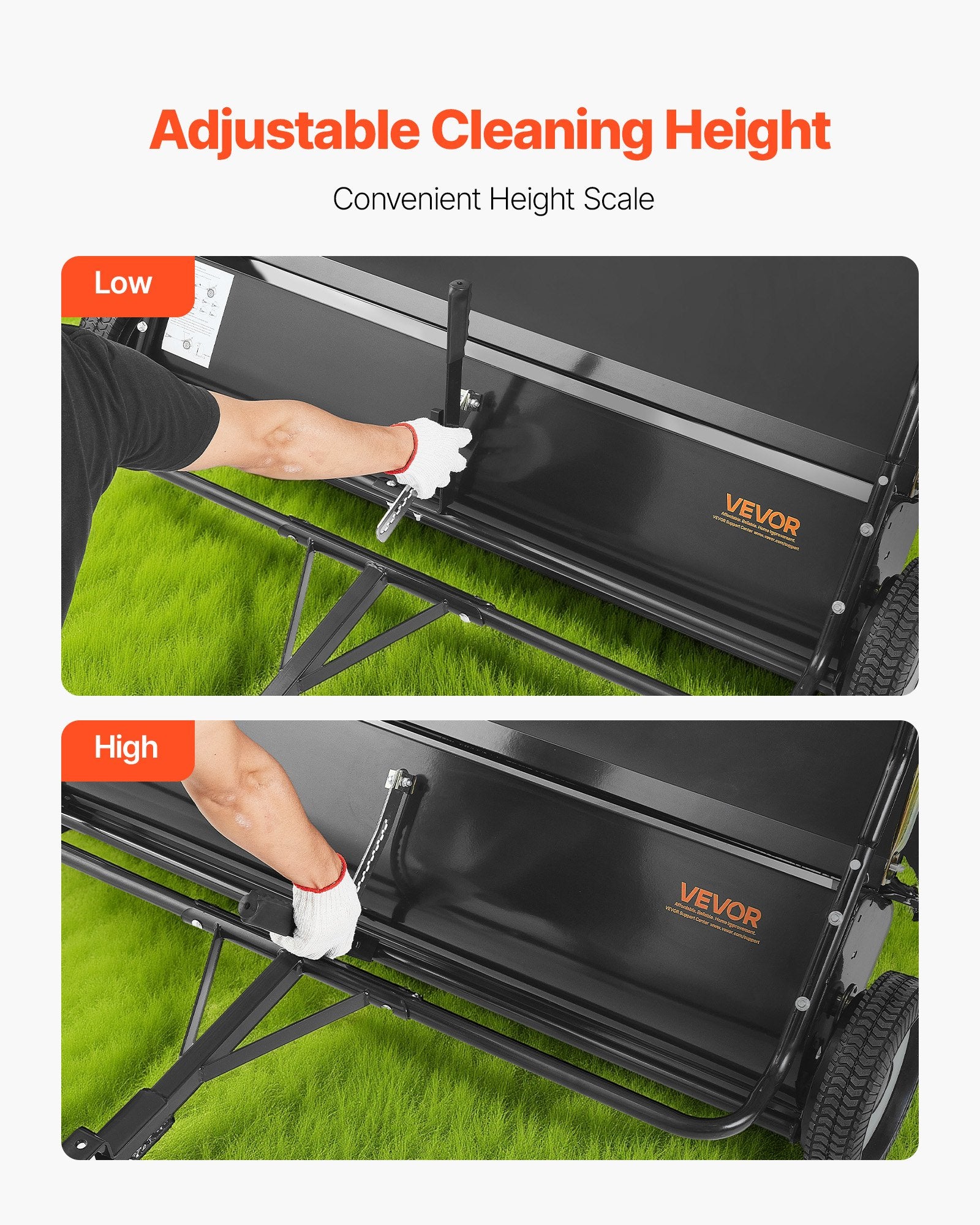 VEVOR Tow Behind Lawn Sweeper, 122cm Pull Behind Yard Sweeper, 26 cu. ft Hopper Bag Capacity, Leaf & Grass Collector with Dumping Rope, Adjustable Sweeping Height, Garden Sweepers for Lawn Farm