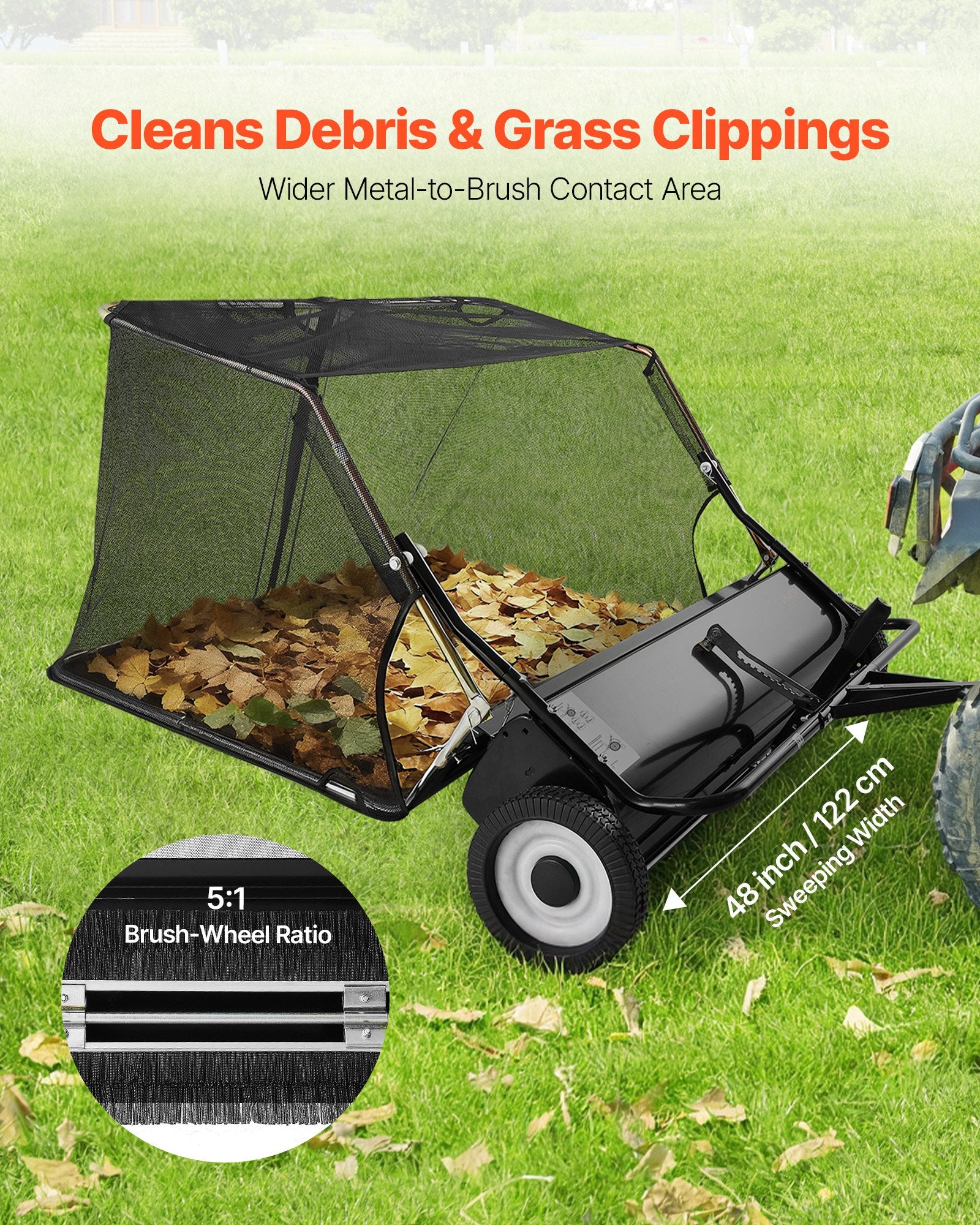 VEVOR Tow Behind Lawn Sweeper, 122cm Pull Behind Yard Sweeper, 26 cu. ft Hopper Bag Capacity, Leaf & Grass Collector with Dumping Rope, Adjustable Sweeping Height, Garden Sweepers for Lawn Farm