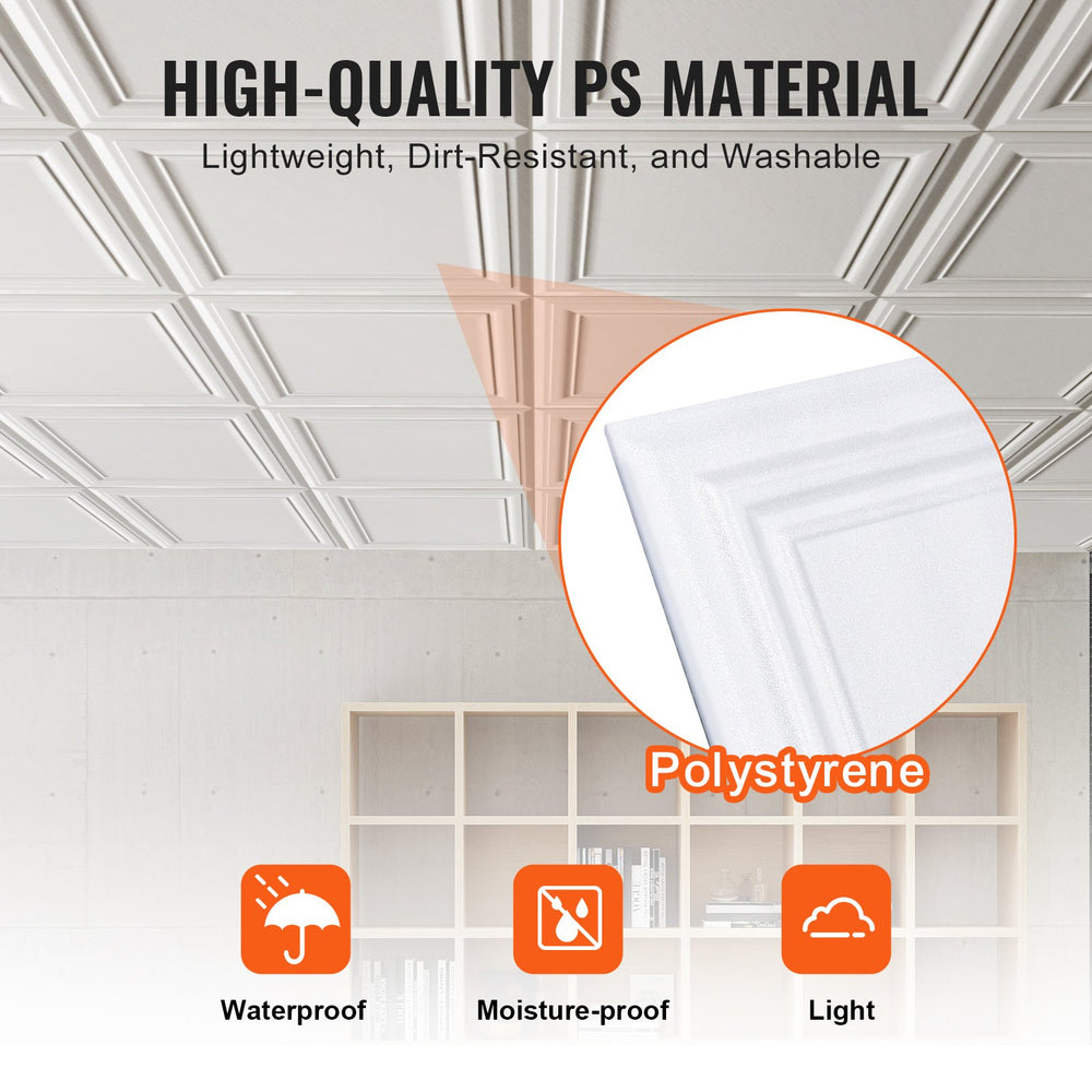 VEVOR Ceiling Tiles, 96-Pack 20 x 20 in, Drop Ceiling Tiles Premium Polystyrene Sheet, Easy Installation/ Cutting Plastic Glue-up Ceiling Tile, Basement Ceiling Covering for Home/Office Decoration