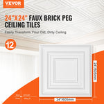 VEVOR Ceiling Tiles 12-Pack 61 cm x 61 cm PVC Easy Installation White Peg Pattern