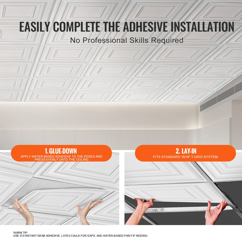 VEVOR Ceiling Tiles 12-Pack 61 cm x 61 cm PVC Easy Installation White Peg Pattern